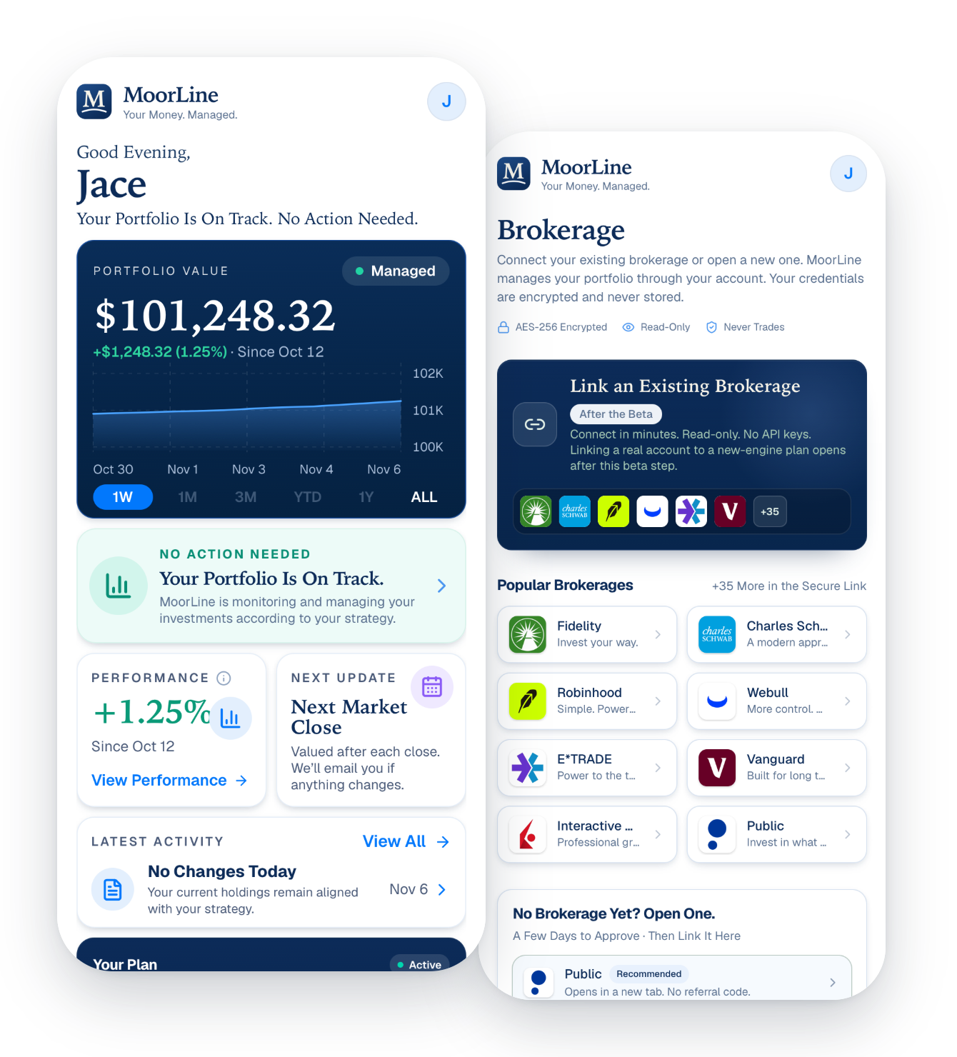 Preview of the MoorLine portfolio and brokerage screens